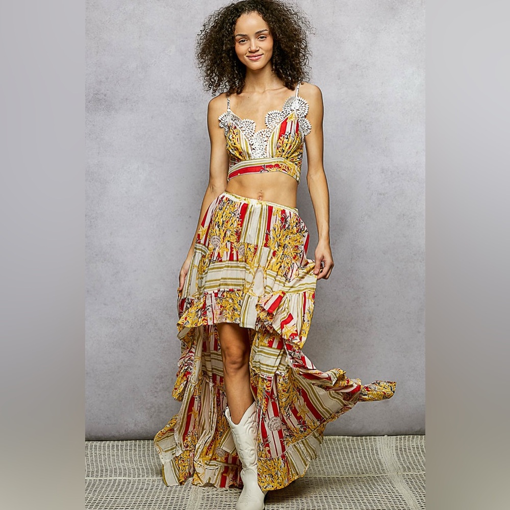 POL Printed Lace-Trim Crop Top & High-Low Skirt Set in Yellow, Red & Cream